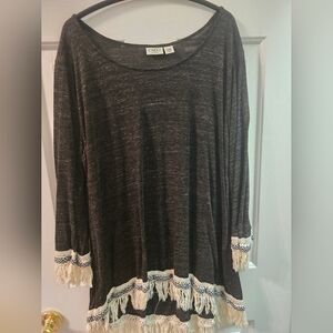 Cato Women's Black Heather Fringe Trim Long Sleeve Top